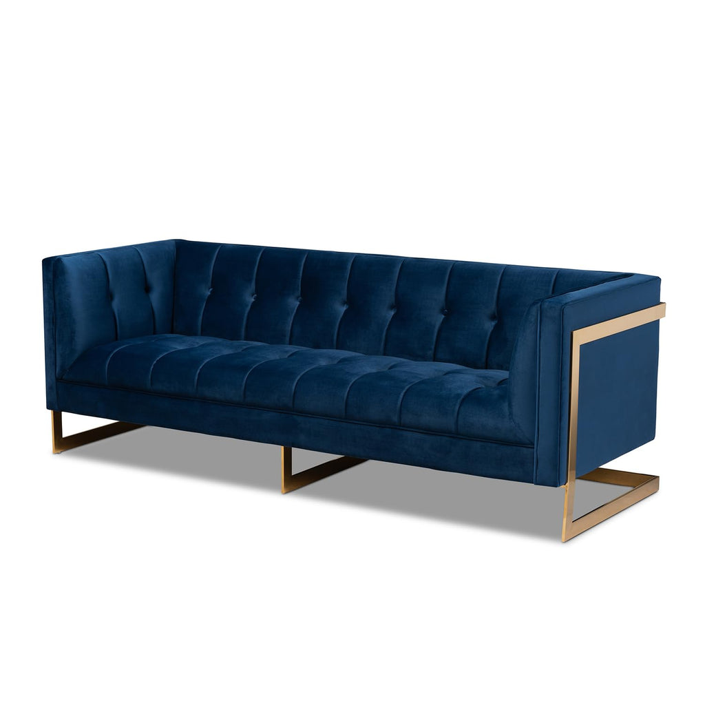 Navy Blue Velvet Button Tufted Gold Sofa L1692