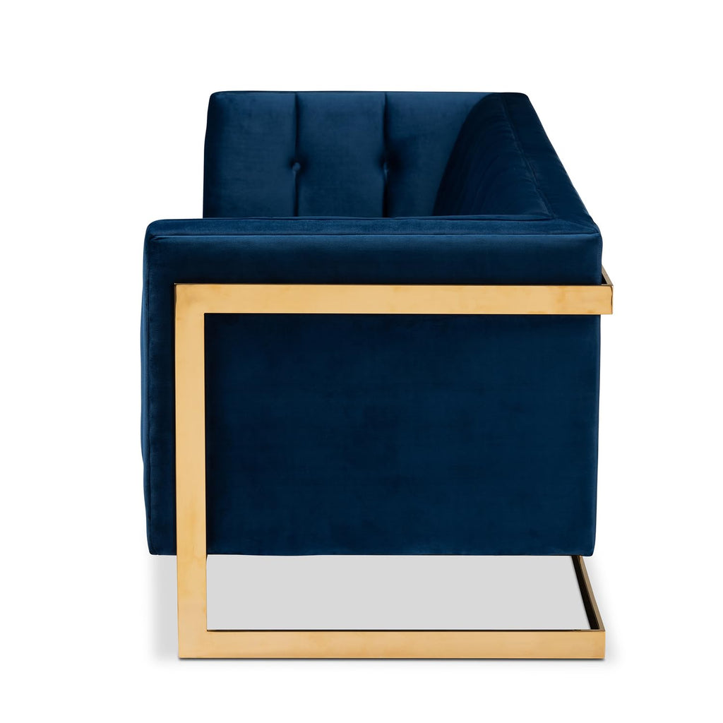 Navy Blue Velvet Button Tufted Gold Sofa L1692