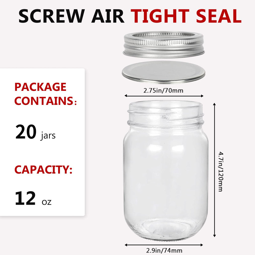 12 oz Glass Mason Jar, 20 Pack Canning Jars with Lids O330182
