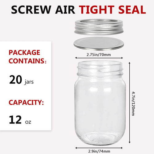 12 oz Glass Mason Jar, 20 Pack Canning Jars with Lids O330182