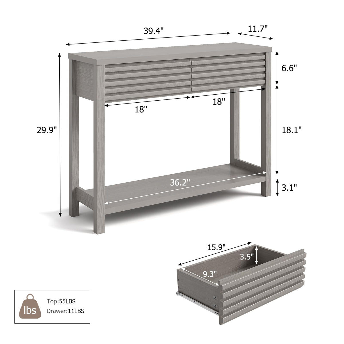 Oak Gray Fluted Console Table with Drawers L167
