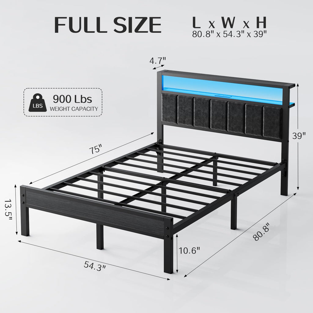Full Size Bed Frame with LED Lights & Charging Station R6828