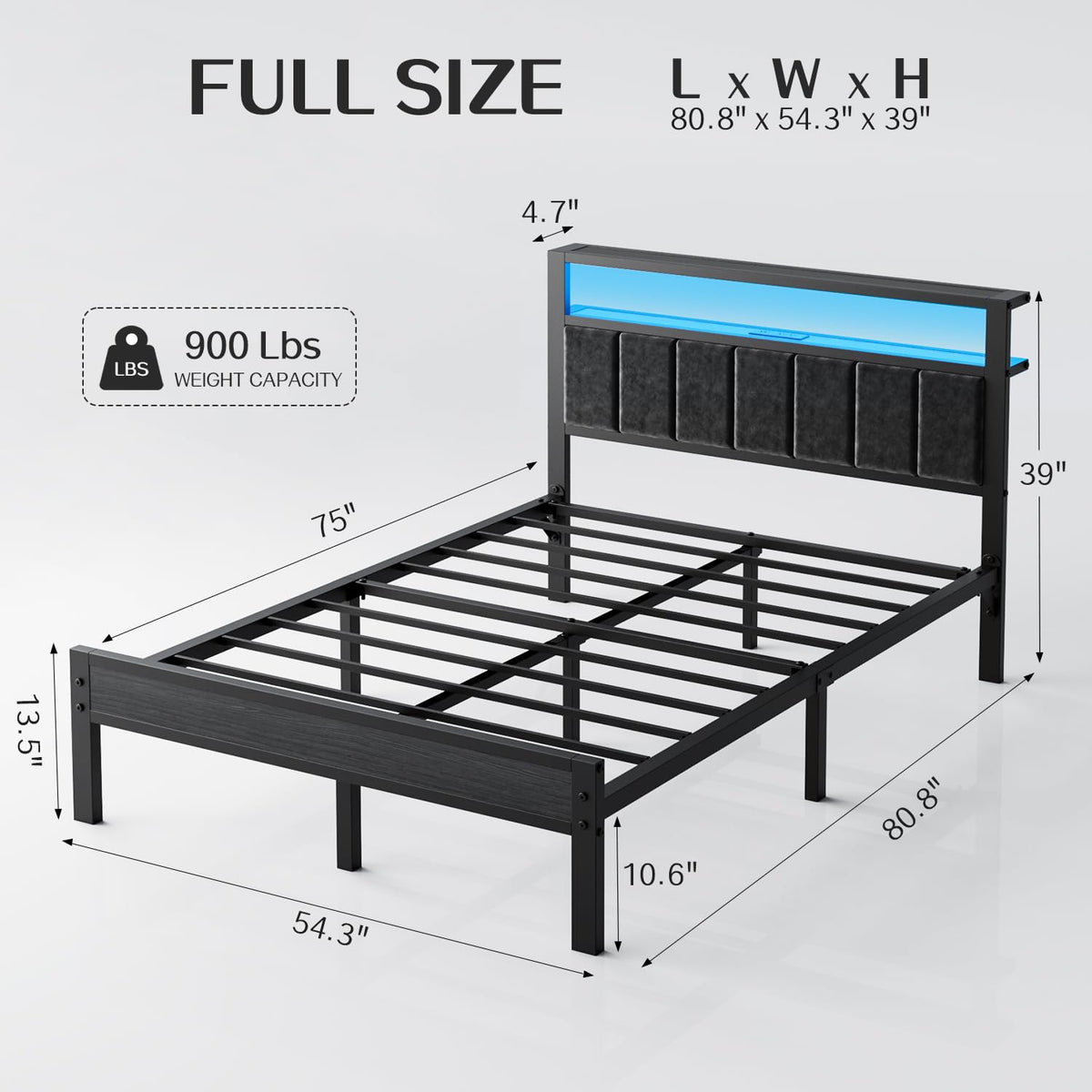 Full Size Bed Frame with LED Lights & Charging Station R6828