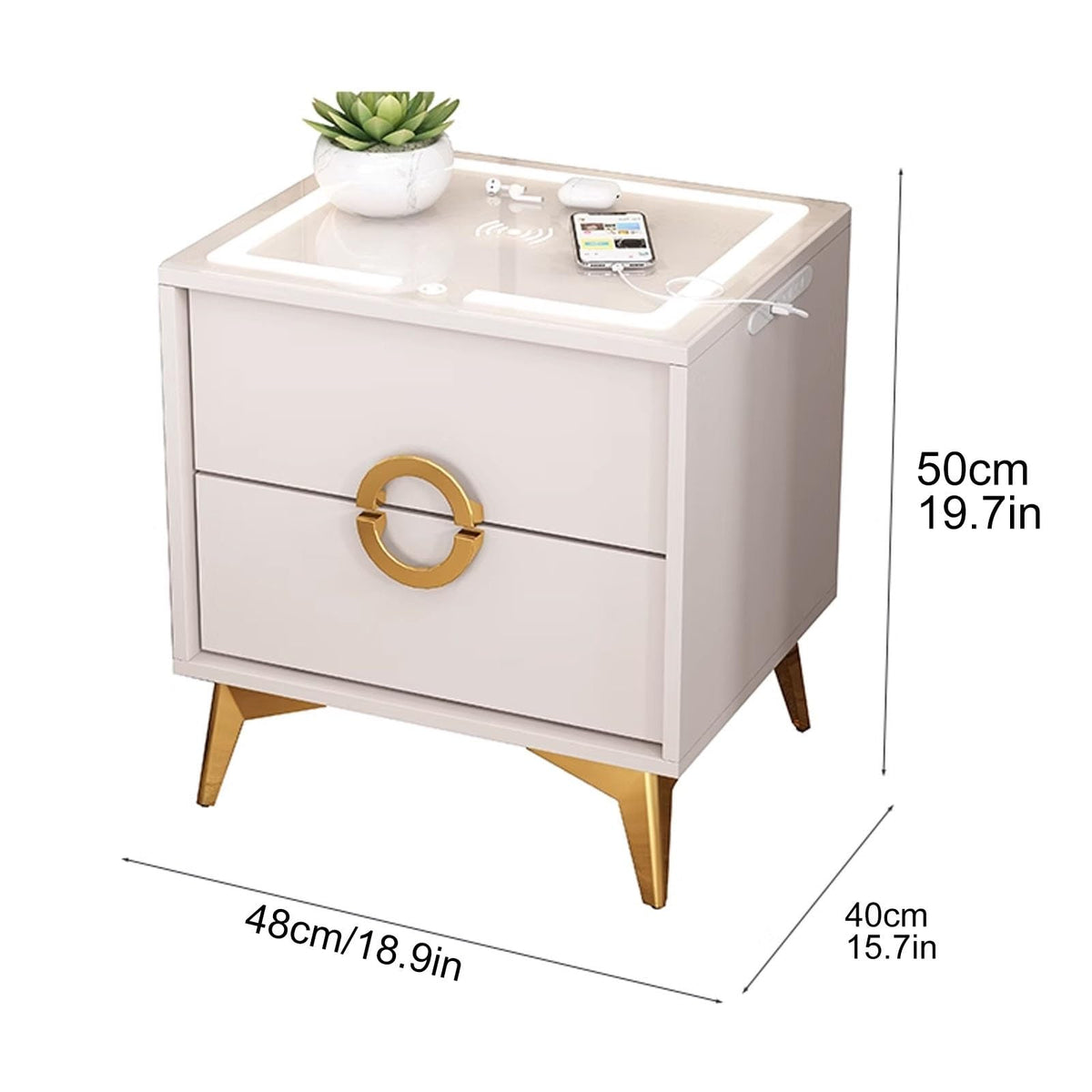 Smart Nightstand with Wireless Charging Station and 3 Colors Led Lights S6596