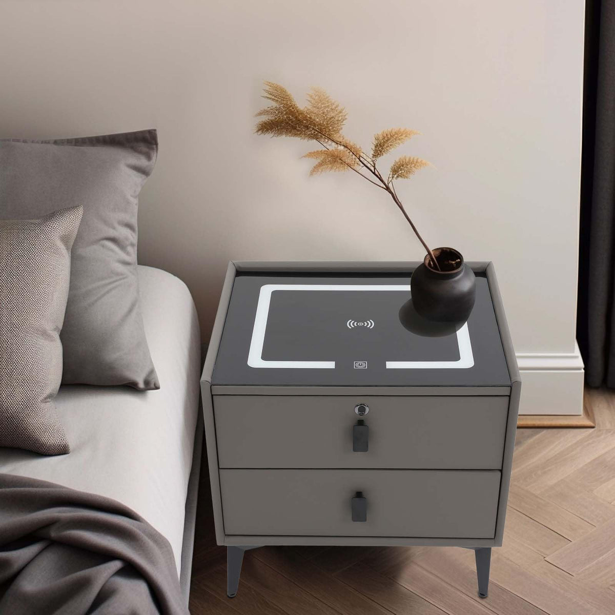 Dark Grey Smart Nightstand with Wireless Charging and LED Lights V255