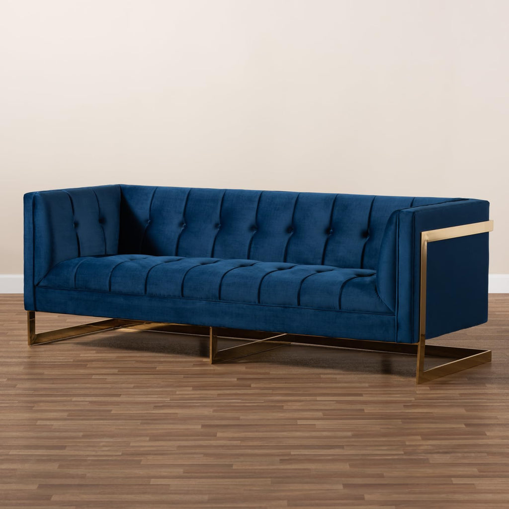 Navy Blue Velvet Button Tufted Gold Sofa L1692