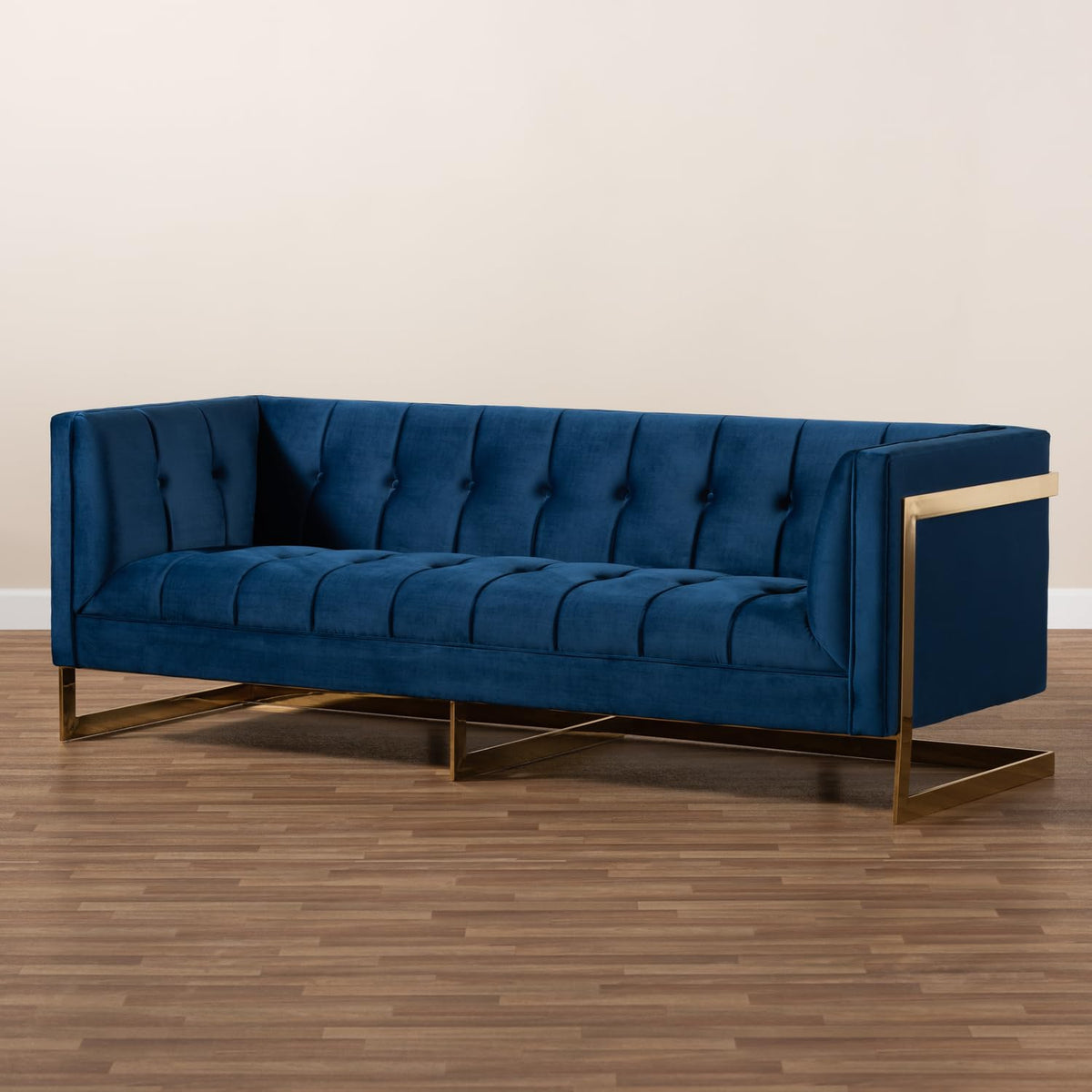 Navy Blue Velvet Button Tufted Gold Sofa L1692
