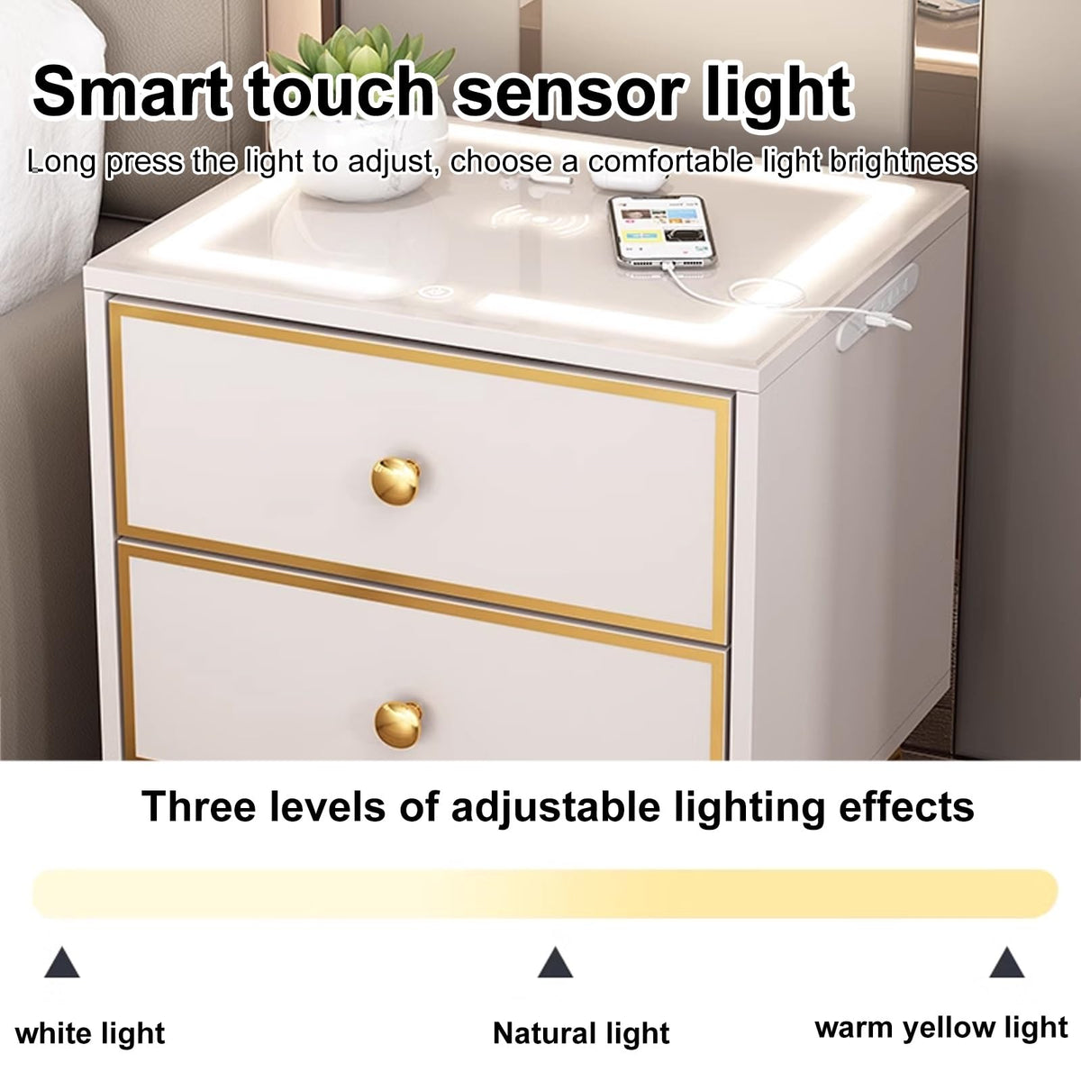 Smart Nightstand with Wireless Charging Station and 3 Colors Led Lights S6596