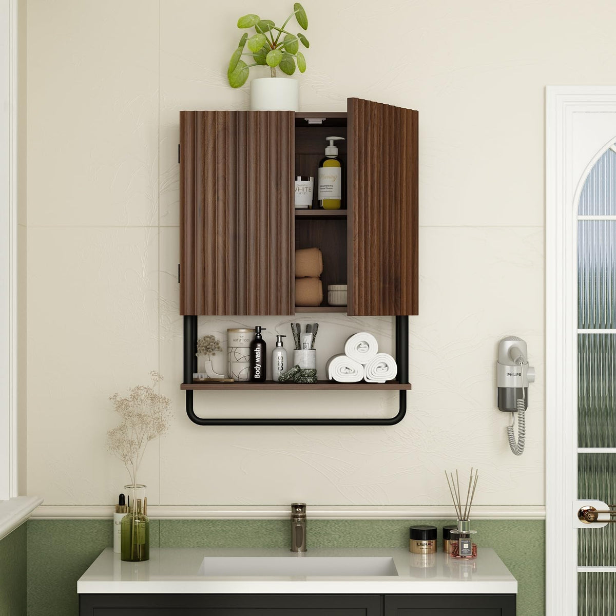 Fluted 2 Doors 3-Tier Bathroom Wall Cabinet G943169