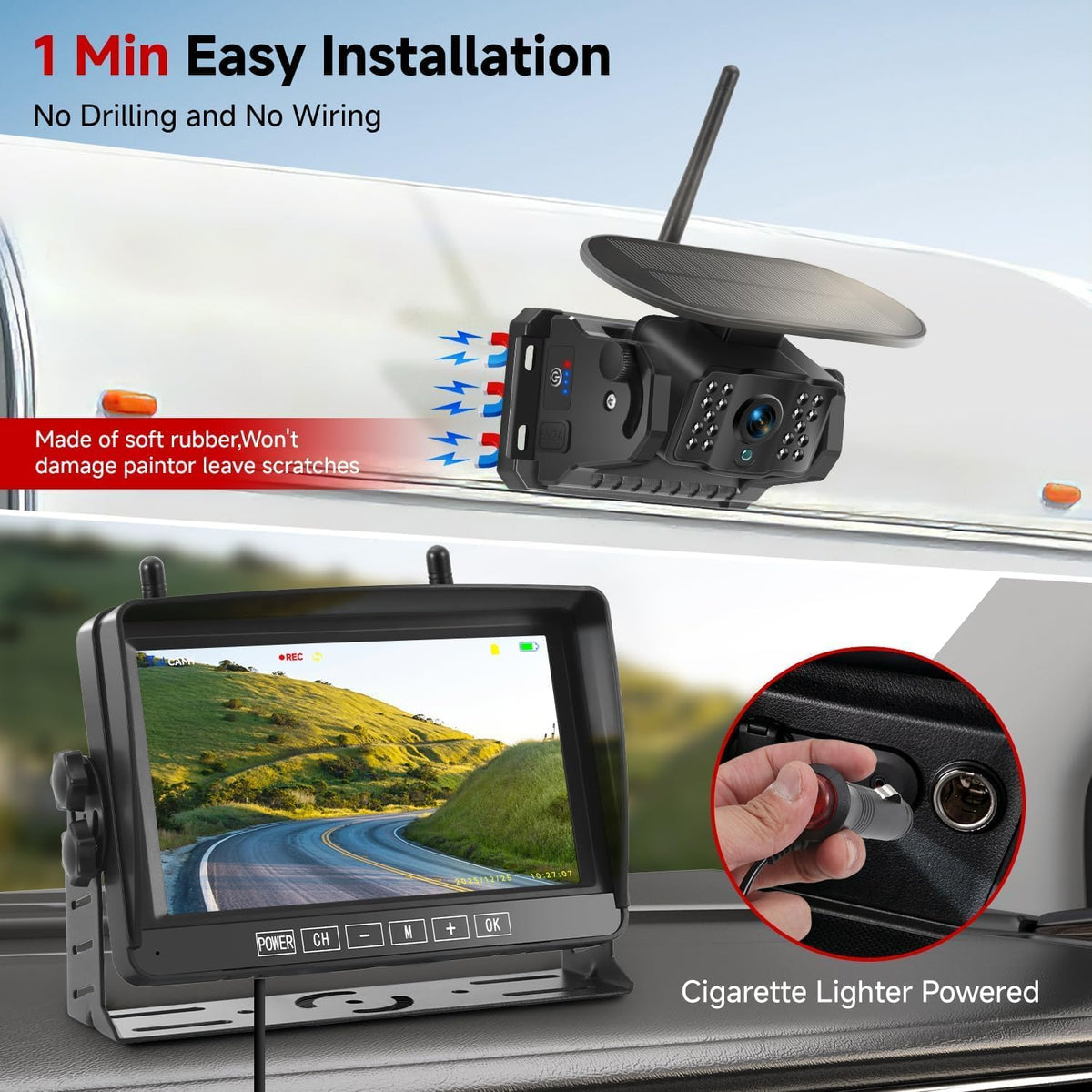 Dual Magnetic Wireless Backup Camera, 7” 1080P HD 4CH DVR Monitor O246678