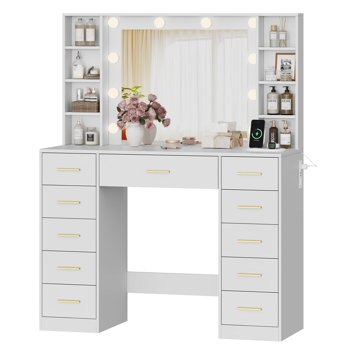 White Makeup Vanity with Mirror and Lights A762363