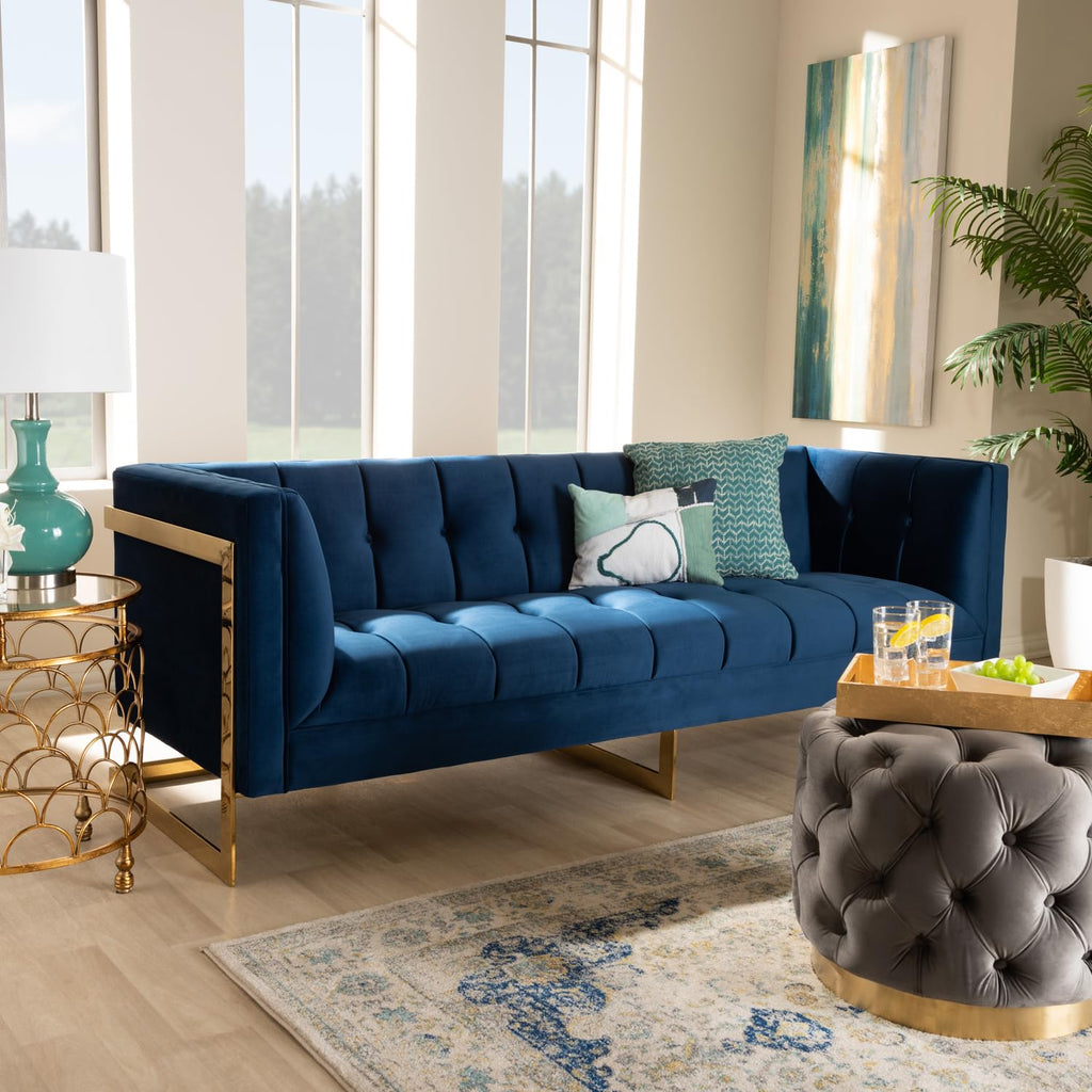 Navy Blue Velvet Button Tufted Gold Sofa L1692