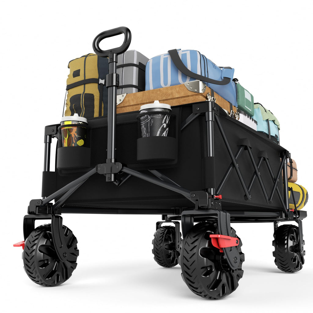 26" Extra Wide All Terrain Folding Wagon with Big Wheels, Cargo Net & Tailgate, 400lbs Heavy Duty Collapsible Cart, Black H45964