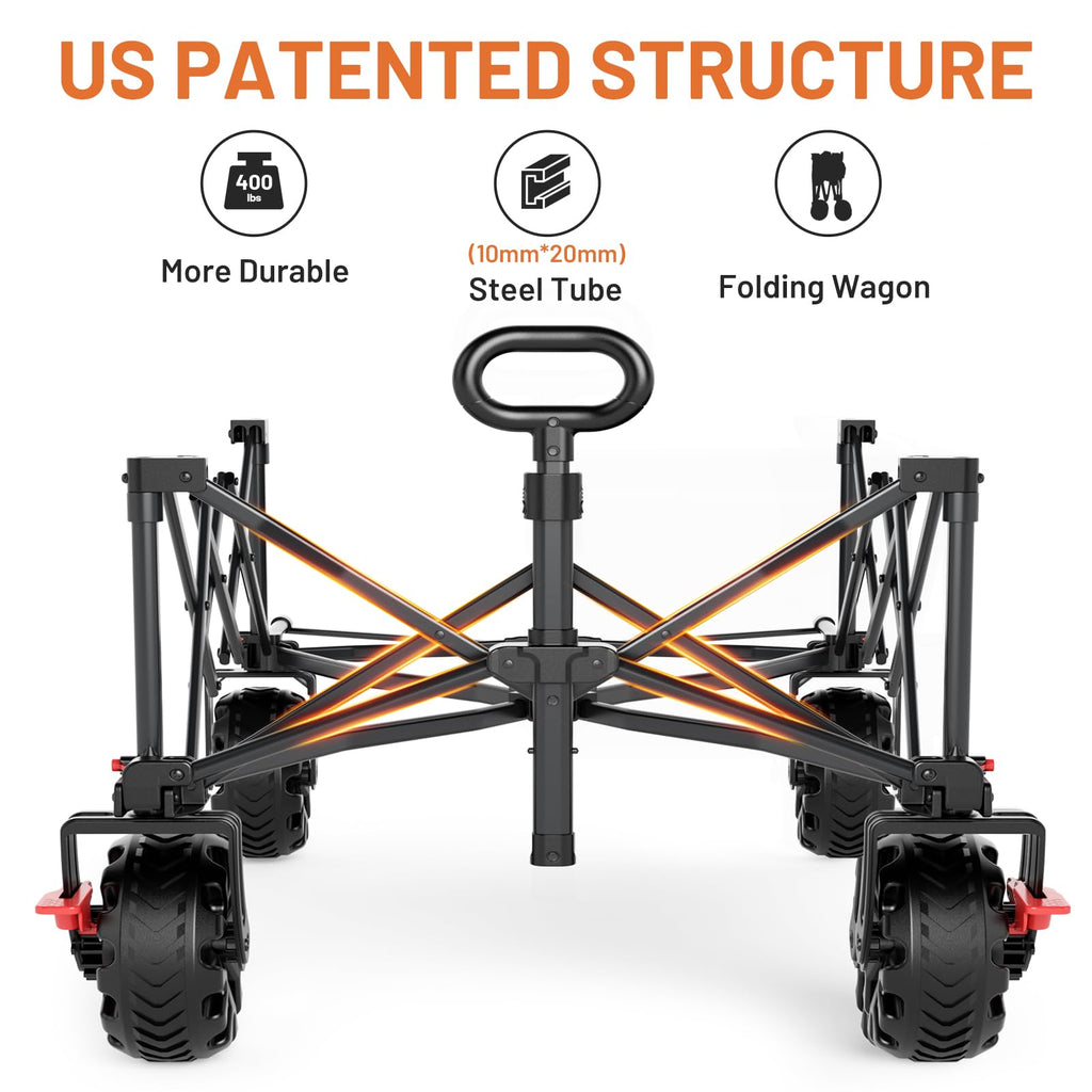 26" Extra Wide All Terrain Folding Wagon with Big Wheels, Cargo Net & Tailgate, 400lbs Heavy Duty Collapsible Cart, Black H45964