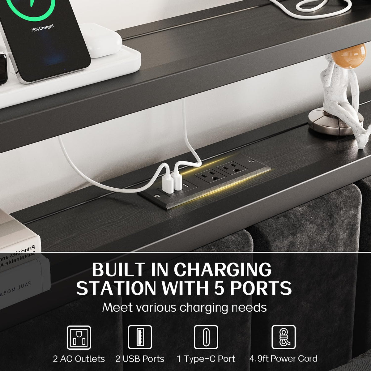 Full Size Bed Frame with LED Lights & Charging Station R6828