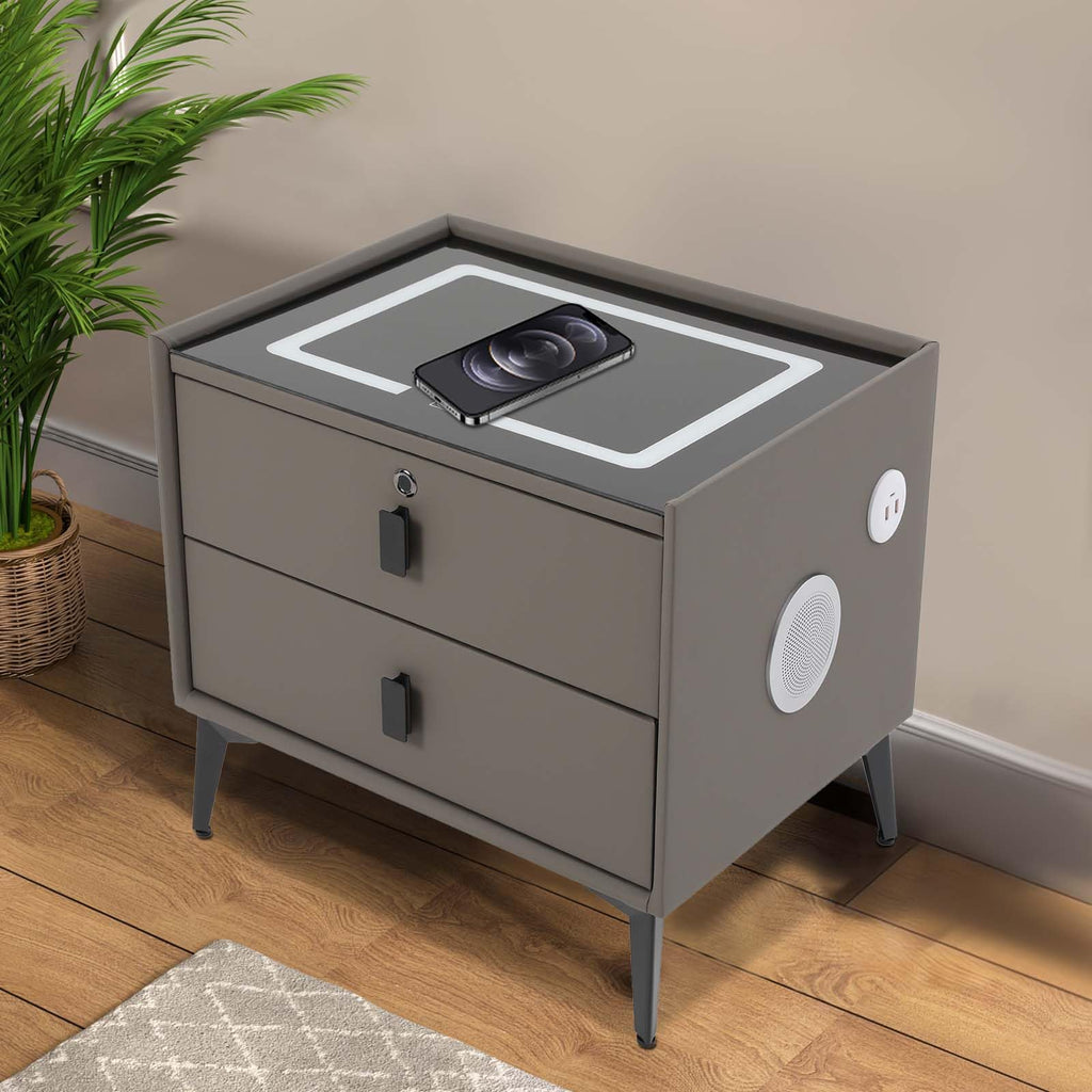 Dark Grey Smart Nightstand with Wireless Charging and LED Lights V255