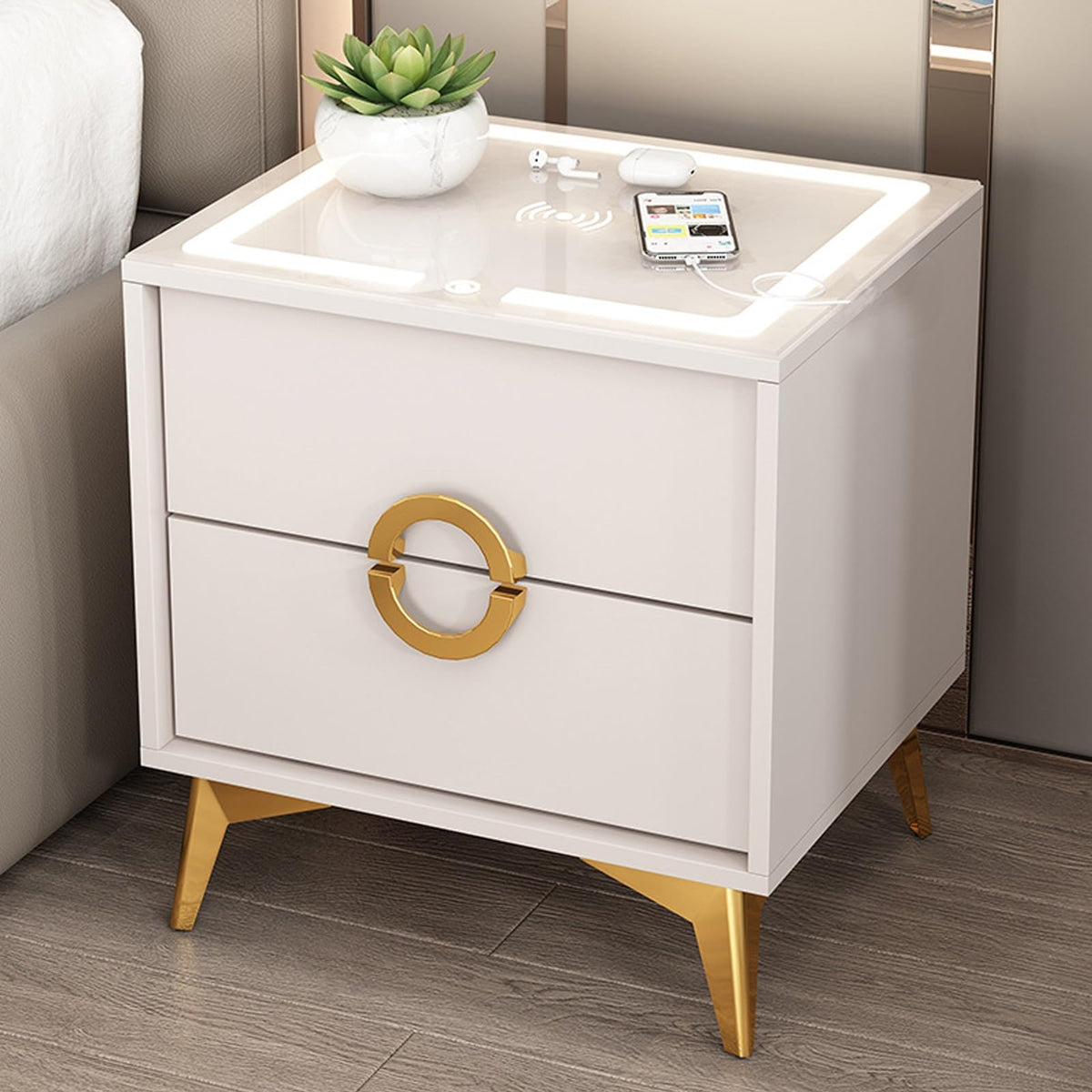 Smart Nightstand with Wireless Charging Station and 3 Colors Led Lights S6596