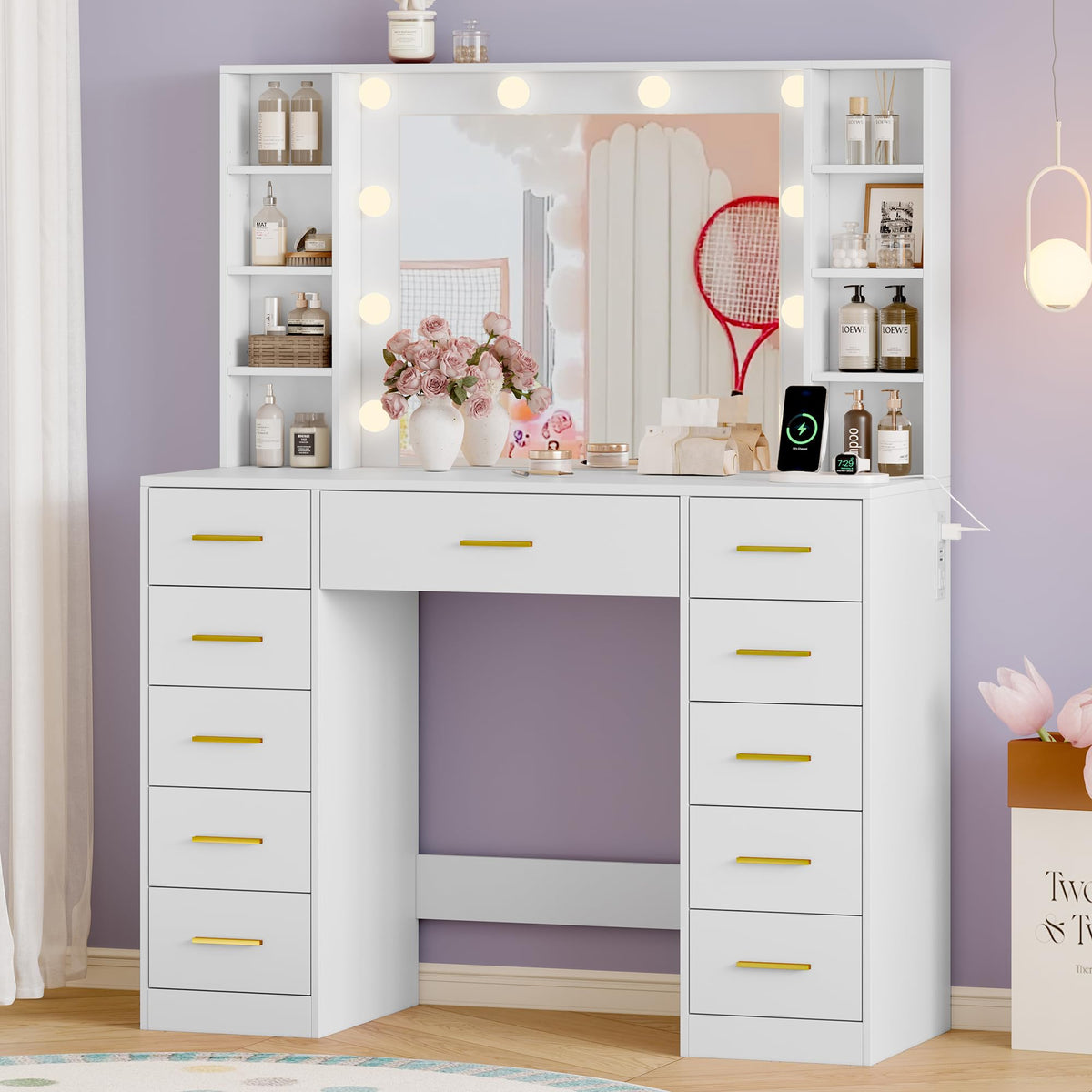 White Makeup Vanity with Mirror and Lights A762363