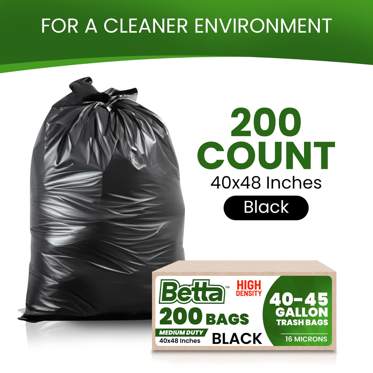 Black 40-45 Gallon Trash Bags, 200 Count R92190