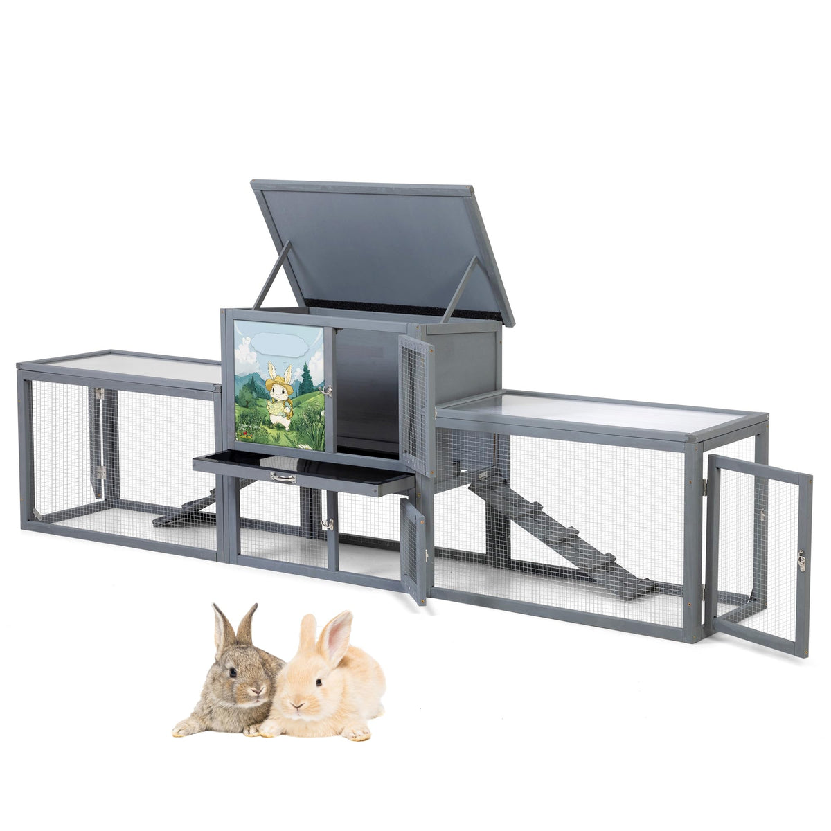 94.5" 2-Story Wooden Rabbit Hutch with Pull-Out Tray D178471