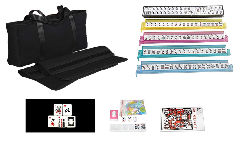 Black Soft Bag 166 White Engraved Tiles Mahjong Set E203980