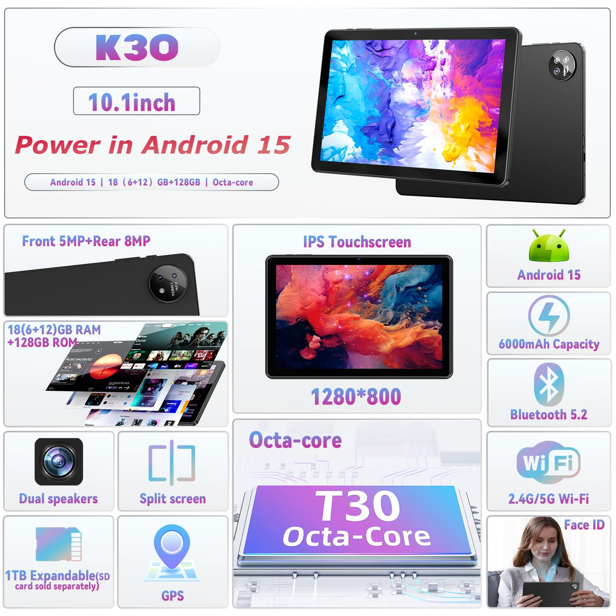 10 inch Android Tablet with 18GB RAM 128GB ROM W250716