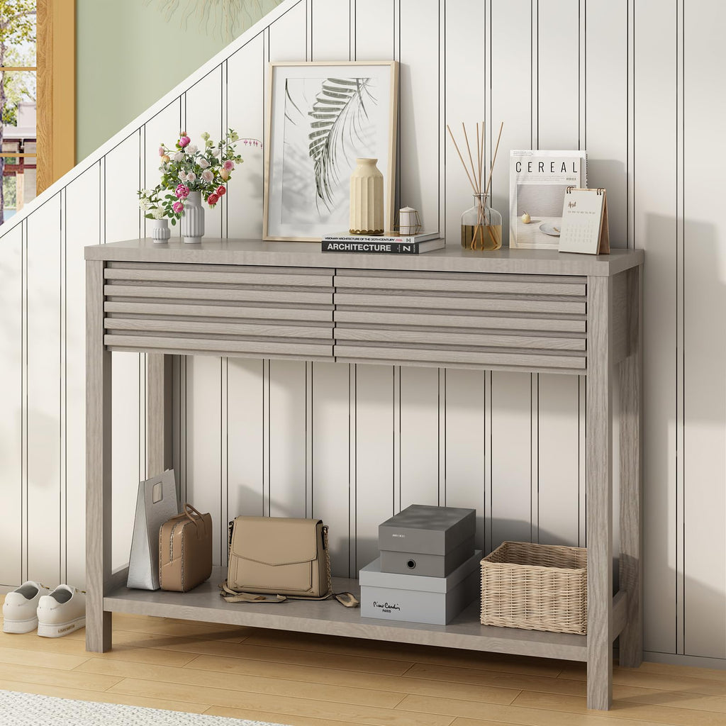 Oak Gray Fluted Console Table with Drawers L167