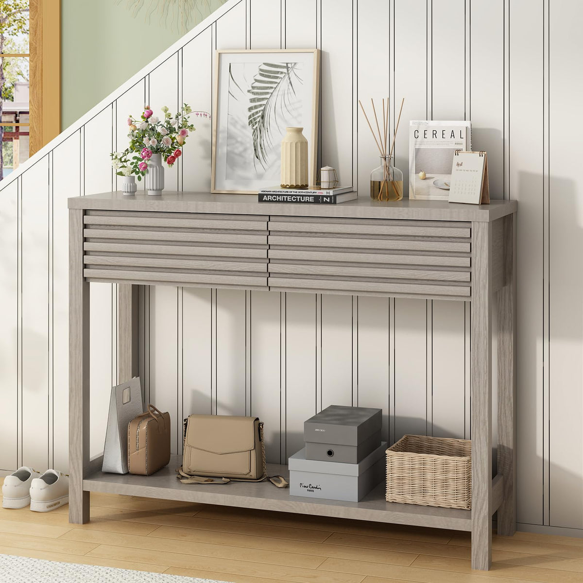 Oak Gray Fluted Console Table with Drawers L167