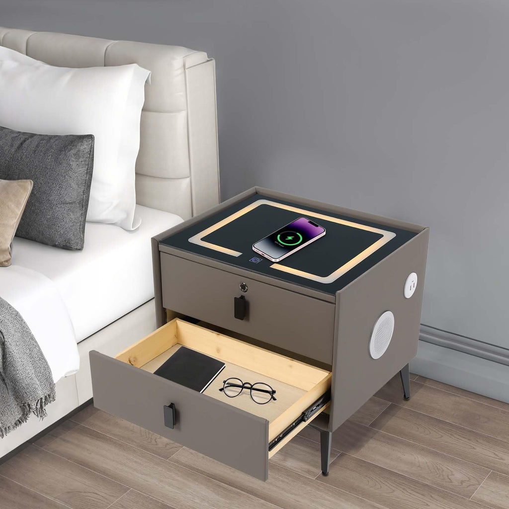 Dark Grey Smart Nightstand with Wireless Charging and LED Lights V255