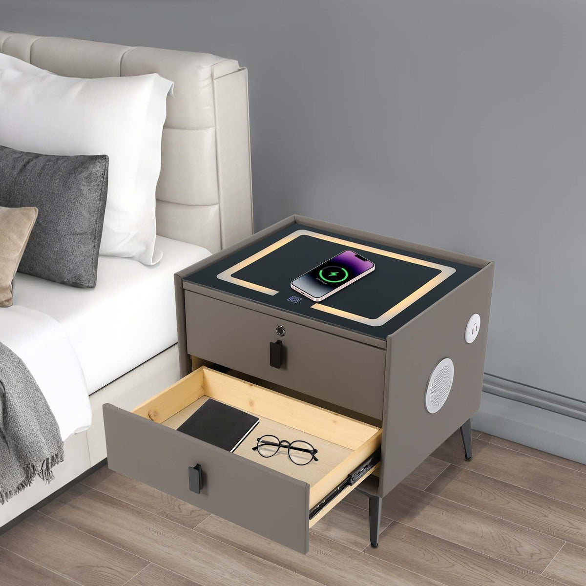 Dark Grey Smart Nightstand with Wireless Charging and LED Lights V255