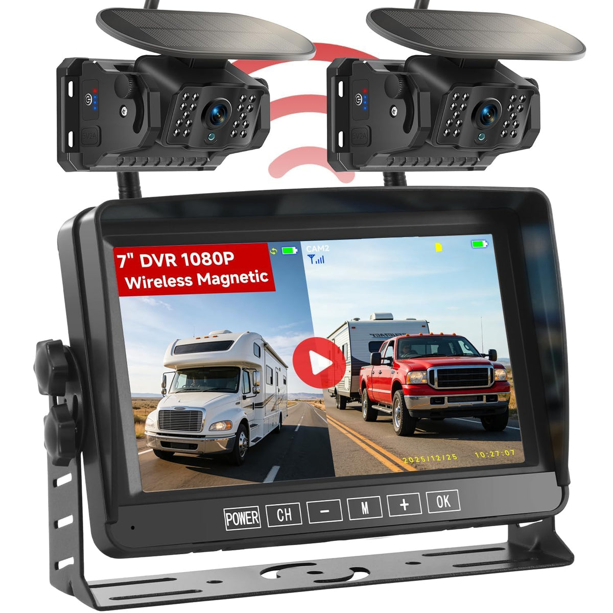 Dual Magnetic Wireless Backup Camera, 7” 1080P HD 4CH DVR Monitor O246678