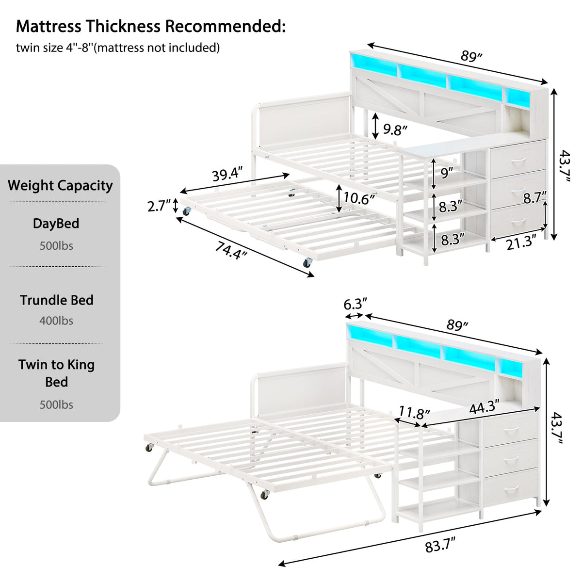 White Twin Wood Daybed with Trundle and 3 Storage Drawers M435352