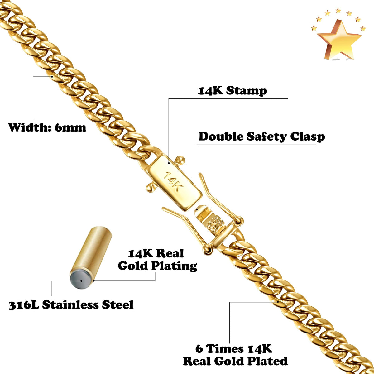 3mm 6mm Cuban Link Chain 14K Gold Plated Stainless Steel Necklace G58879