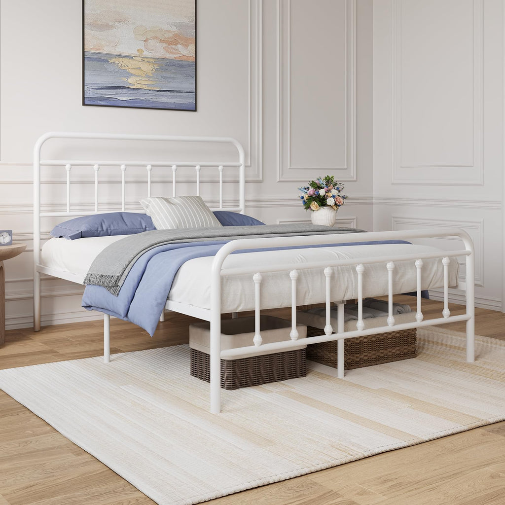 Full Size White Metal Platform Bed Frame with Headboard P838693