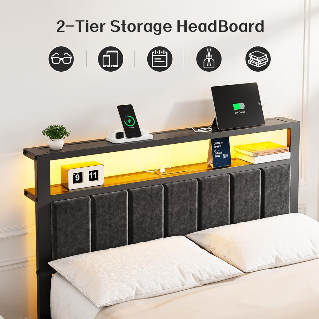 Full Size Bed Frame with LED Lights & Charging Station R6828