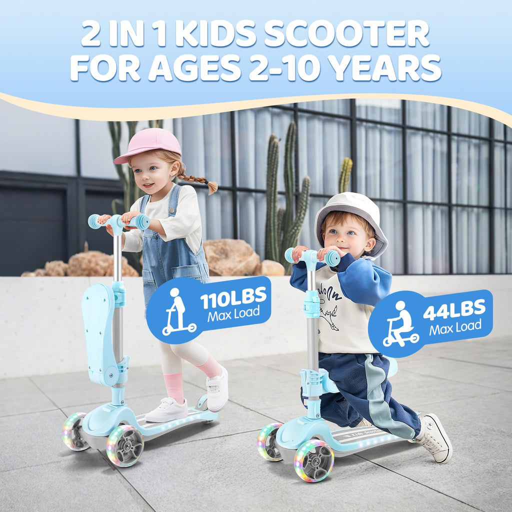 2 in 1 Kids Scooter with Seat, LED Light-Up Wheels, 4 Adjustable Heights Y7634