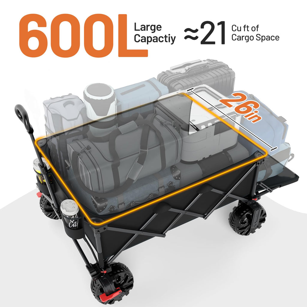 26" Extra Wide All Terrain Folding Wagon with Big Wheels, Cargo Net & Tailgate, 400lbs Heavy Duty Collapsible Cart, Black H45964
