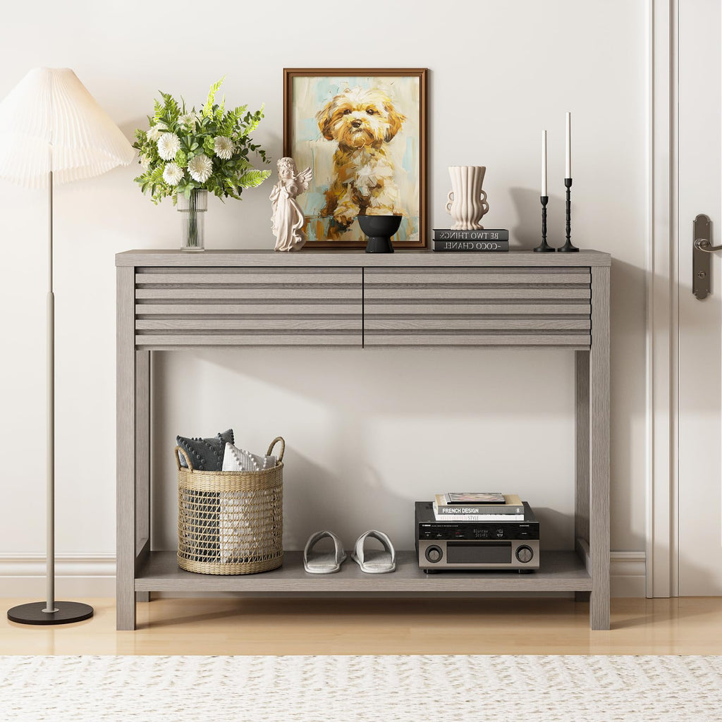 Oak Gray Fluted Console Table with Drawers L167