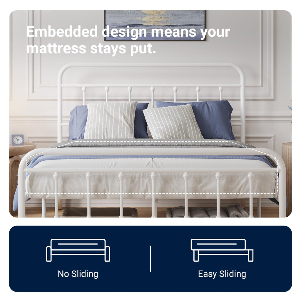 Full Size White Metal Platform Bed Frame with Headboard P838693