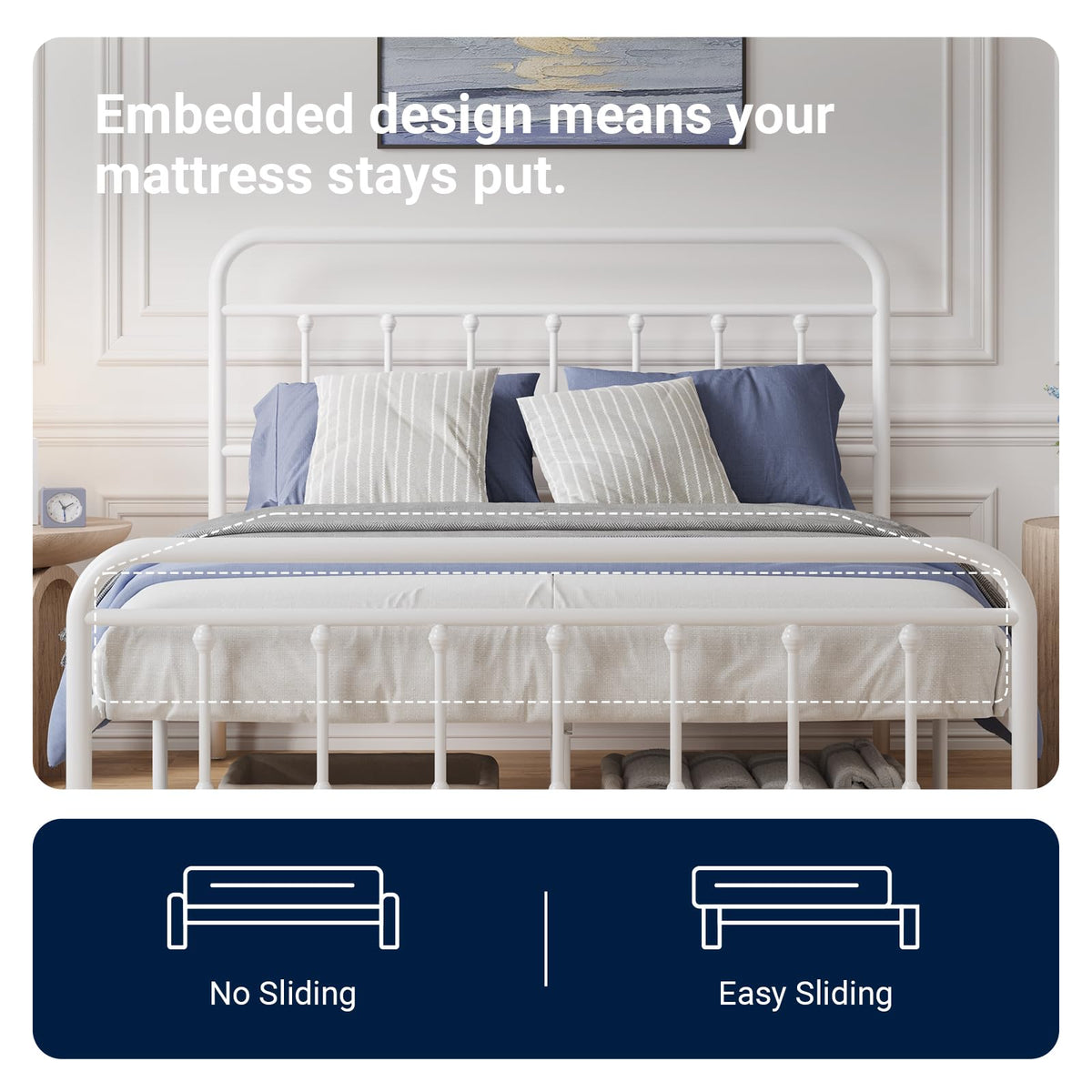 Full Size White Metal Platform Bed Frame with Headboard P838693
