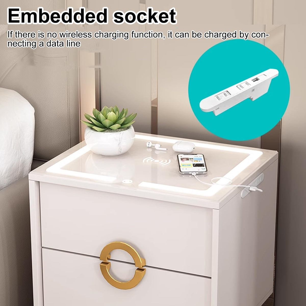 Smart Nightstand with Wireless Charging Station and 3 Colors Led Lights S6596