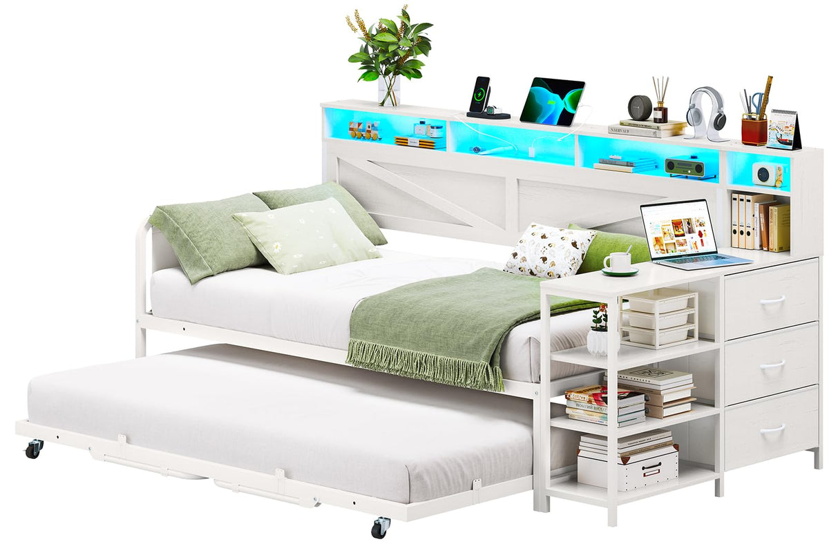 White Twin Wood Daybed with Trundle and 3 Storage Drawers M435352