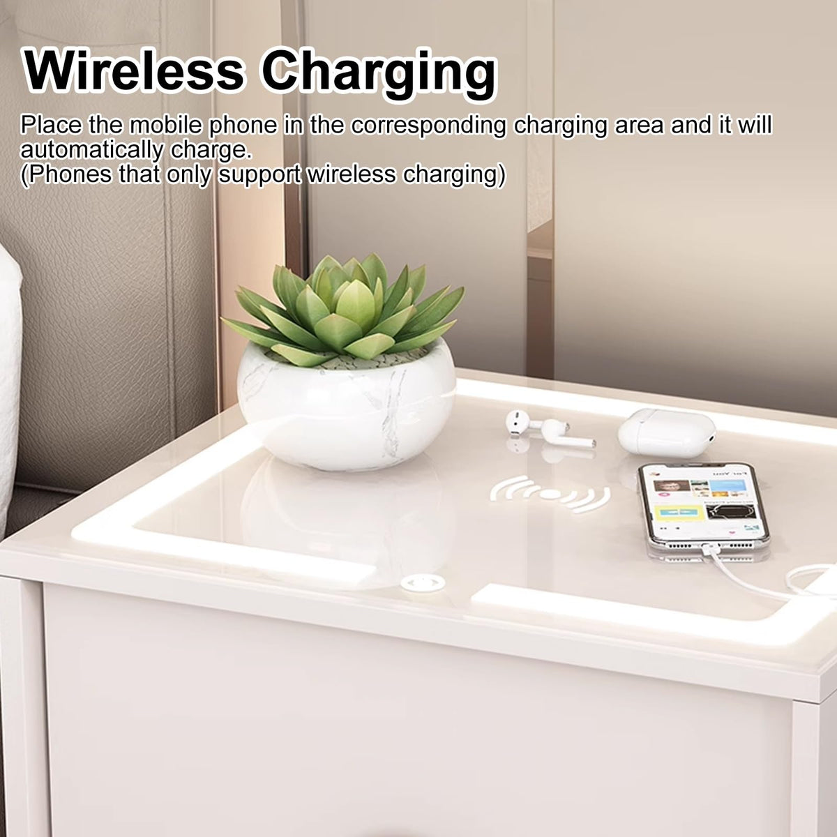 Smart Nightstand with Wireless Charging Station and 3 Colors Led Lights S6596