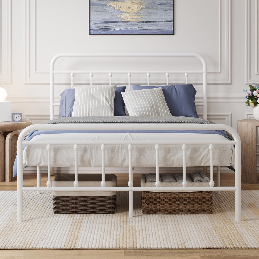 Full Size White Metal Platform Bed Frame with Headboard P838693
