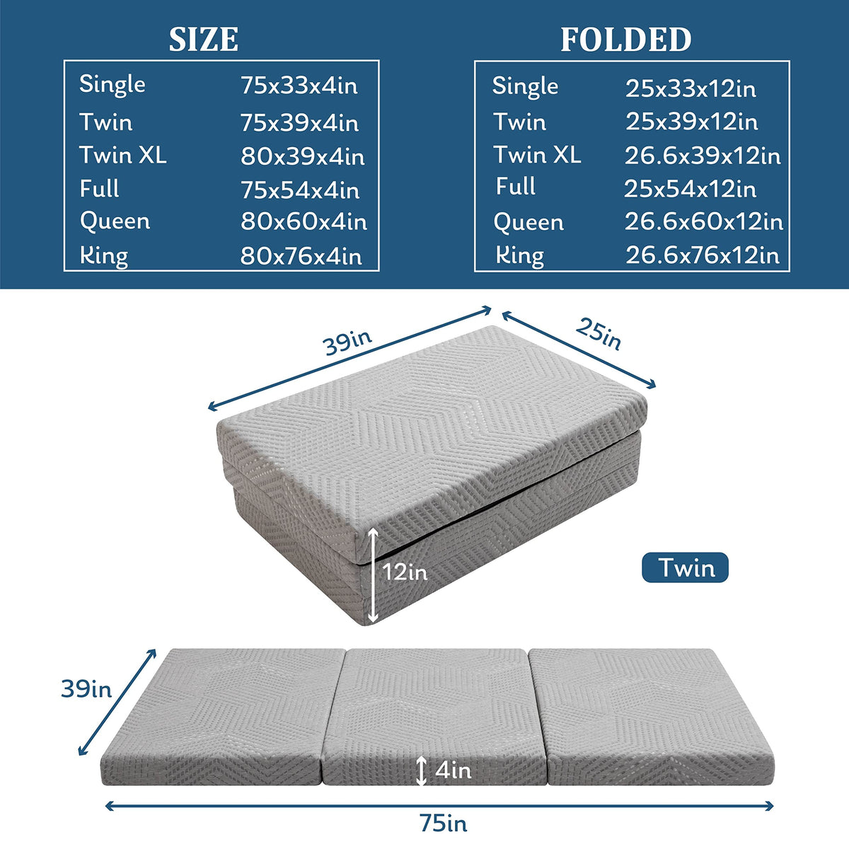 4 Inch Tri Folding Memory Foam Mattress W797