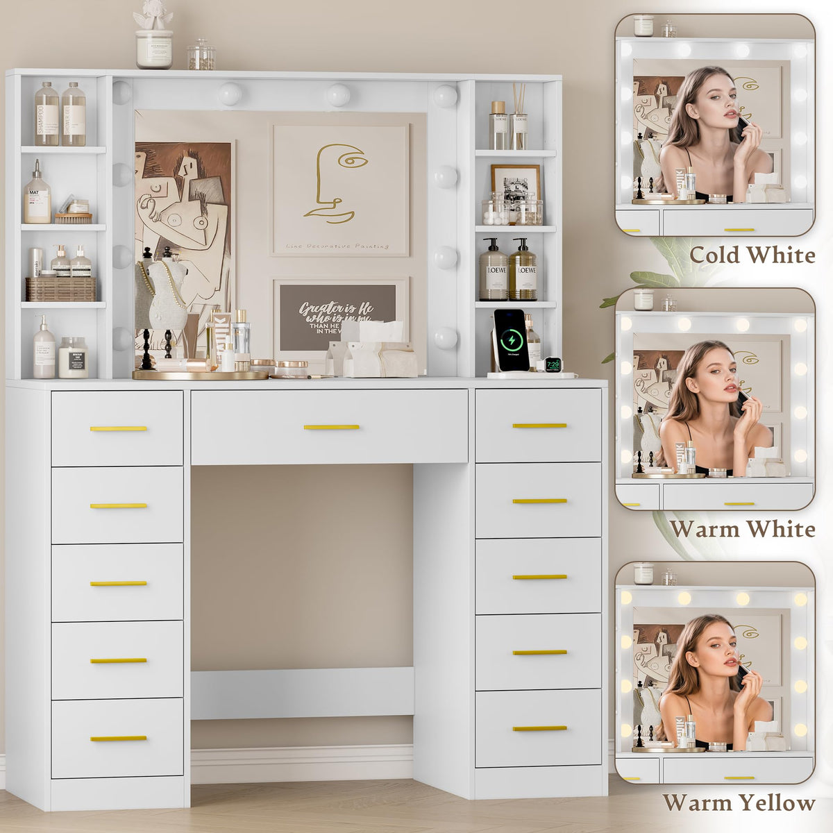 White Makeup Vanity with Mirror and Lights A762363