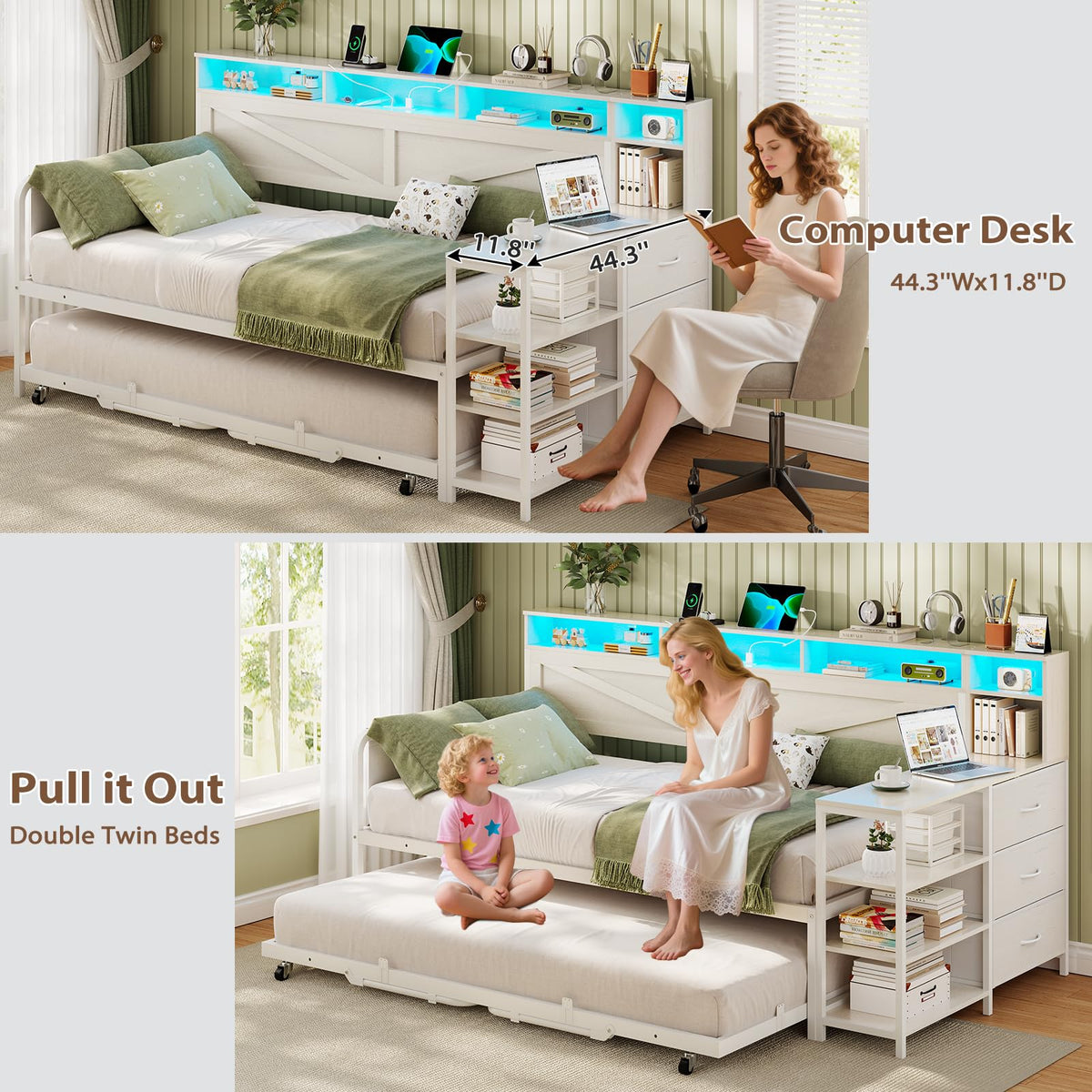 White Twin Wood Daybed with Trundle and 3 Storage Drawers M435352