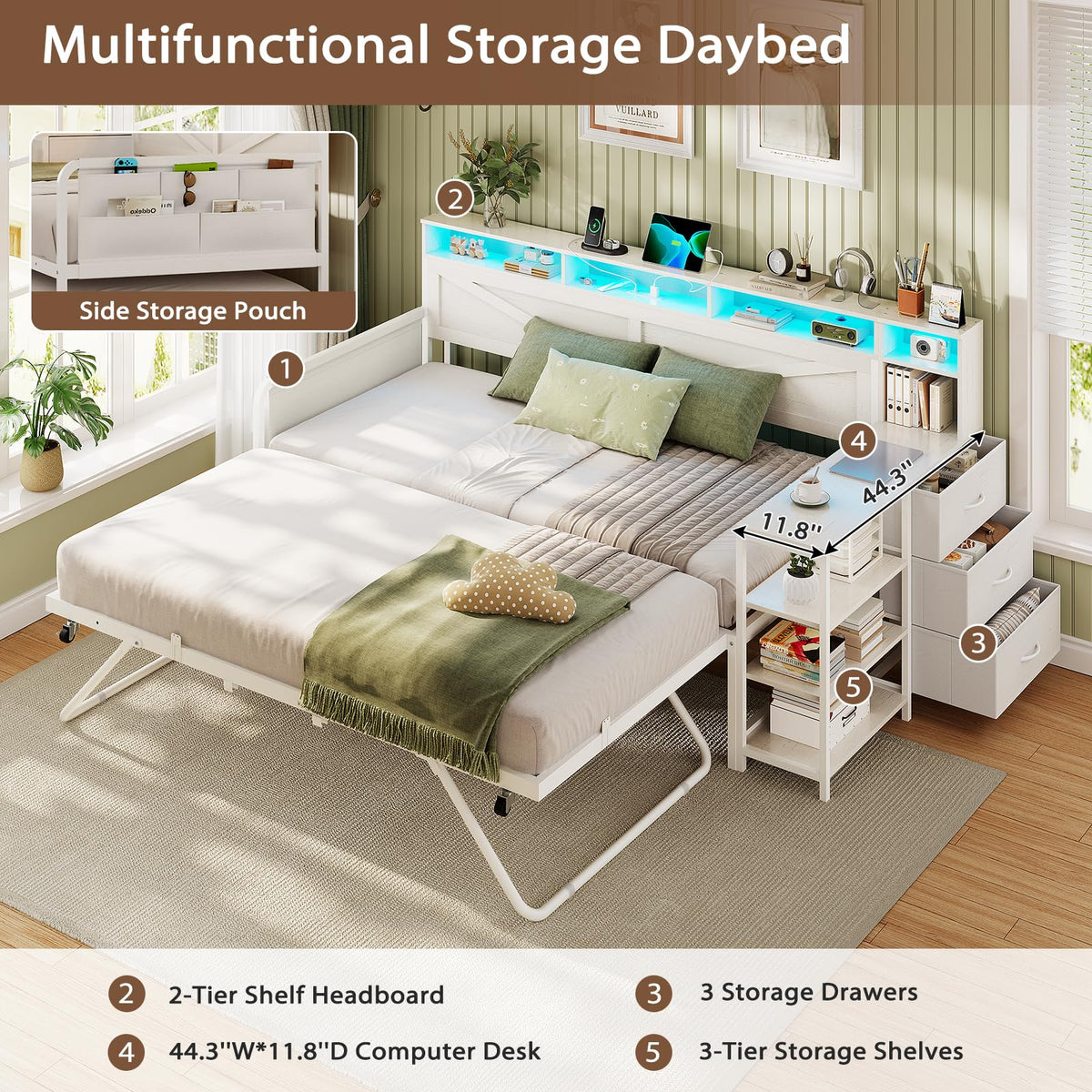 White Twin Wood Daybed with Trundle and 3 Storage Drawers M435352