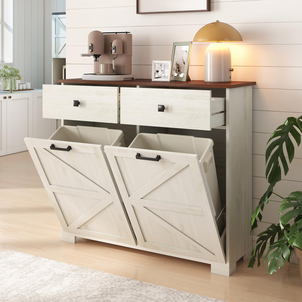 Double Tilt Out Trash Cabinet with Hideaway Drawer, Antique White D7833