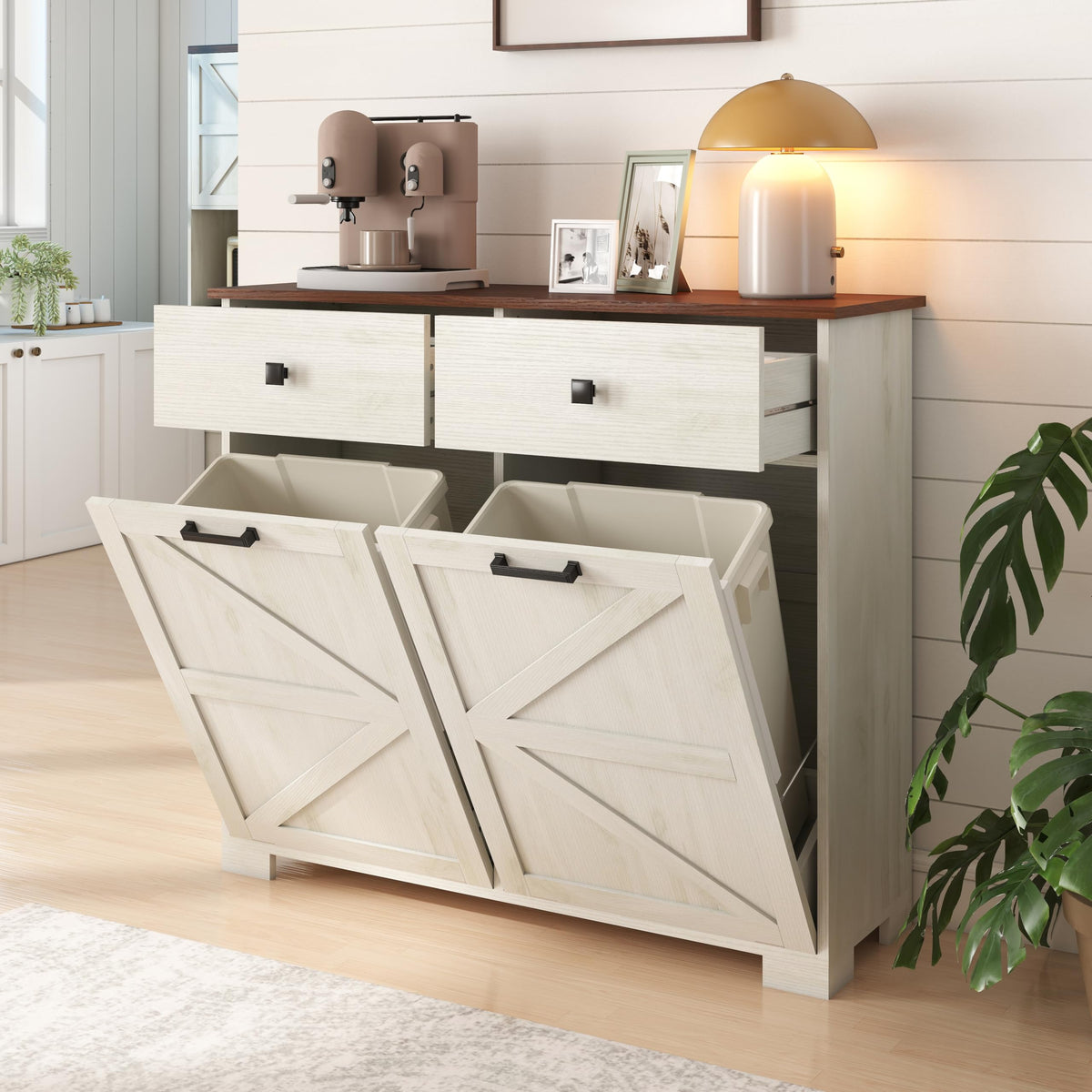 Double Tilt Out Trash Cabinet with Hideaway Drawer, Antique White D7833